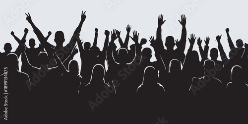 Silhouette of a cheering crowd with hands raised in celebration against a bright background, symbolizing unity and excitement.
