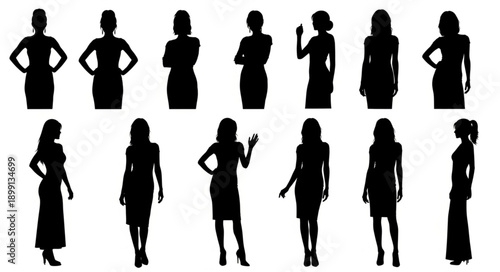 Collection of Female Silhouettes Poses Isolated on White Background.