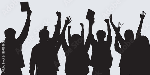 Silhouette of a diverse group of people raising their hands and holding books in celebration or protest.