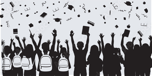 Silhouette of diverse students celebrating graduation with caps and diplomas thrown in the air.