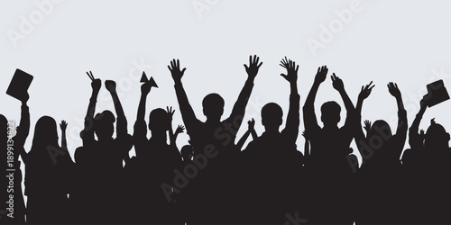 Silhouette of a cheering crowd with hands raised in celebration against a light background.