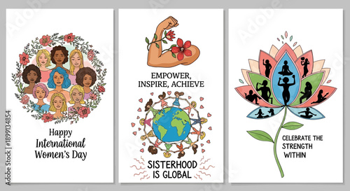 Three vibrant illustrations celebrating International Women's Day, depicting diverse women, global sisterhood, empowerment, and inner strength.