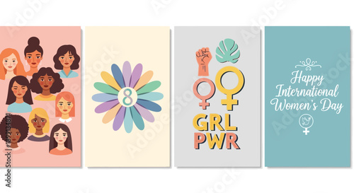 Four vibrant cards celebrating International Women's Day with diverse women, floral designs, feminist symbols, and empowering messages.