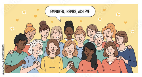 Diverse group of women embracing, symbolizing empowerment, unity, and support, with a speech bubble stating.
