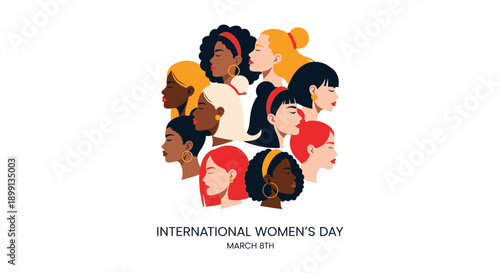 A diverse group of women's faces in a circular arrangement, celebrating International Women's Day on March 8th, symbolizing unity and empowerment.