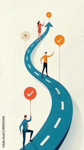 Abstract illustration showing business professionals progressing on a winding road, reaching goals marked by checkmarks, symbolizing career growth, achievement, and development.