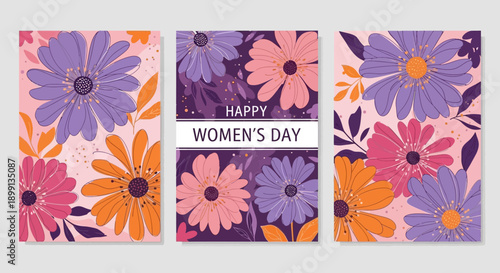 Three vibrant floral cards celebrating Women's Day with colorful stylized flowers in purple, pink, and orange on light backgrounds.