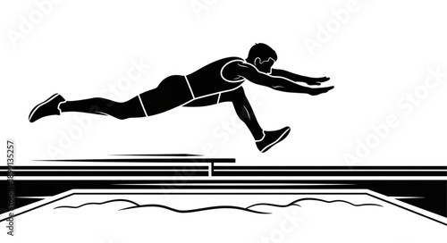 Athlete performing a long jump in a track and field competition.