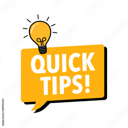 Quick tips yellow banner with lightbulb in flat design on white background