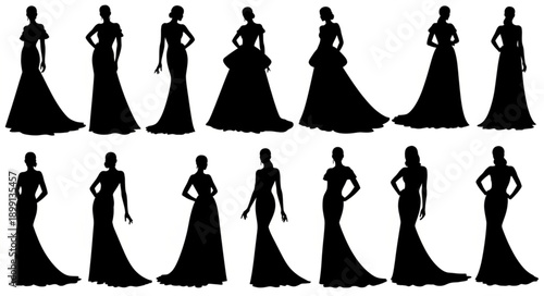 Collection of elegant evening gown silhouettes for women.