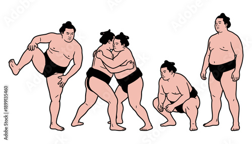 Diverse collection of sumo wrestlers demonstrating various poses and actions including combat and preparation for the sport japan martial arts athlete strong male traditional