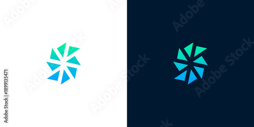 Dynamic abstract geometric logo with swirling motion, featuring a vibrant blue and green gradient, embodying modern technology and innovative solutions for digital businesses