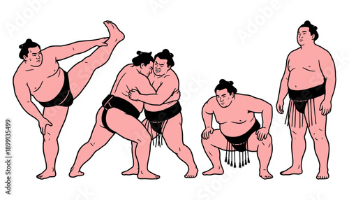 Four sumo wrestlers demonstrate different poses and actions including a high kick a grapple and stances of readiness and observation in an illustrated style fighting combat