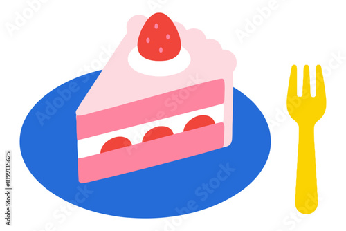 A slice of pink layered cake topped with a strawberry and served on a blue plate next to a yellow fork dessert sweet food sweet treat pastry confectionery delicious baked