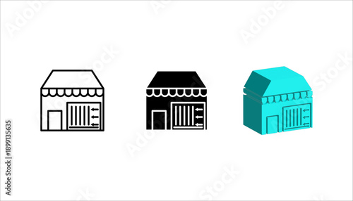 Simple line icon set of a storefront with warehouse doors, symbolizing retail business, storage, inventory, logistics, and shop management. Suitable for e-commerce, supply chain, and business design.