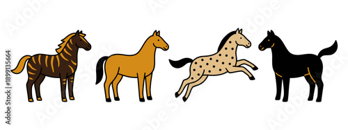 Four distinct cartoon style horses including a dark brown zebra striped horse a tan horse a spotted horse and a solid black horse are depicted in a line animal drawing illustration