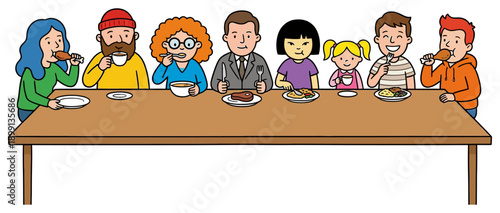 Diverse group of people of various ages and ethnicities sharing a meal together at a long wooden table enjoying food and drinks family dinner eating gathering children adults