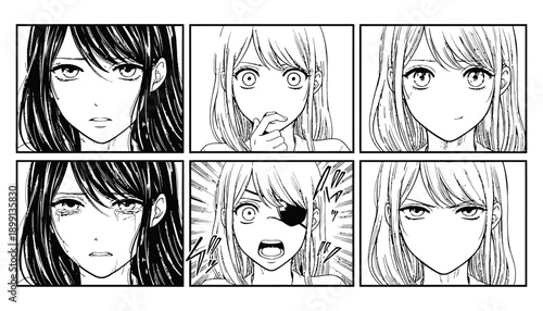 Six panels display manga style female faces showing various emotions including sadness surprise confusion and anger with expressive eyes and hair 175 characters anime japanese