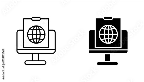 Line icon of a presentation board with globe symbol representing global business, international communication, online meetings, and corporate presentations. Perfect for business, technology, and remot