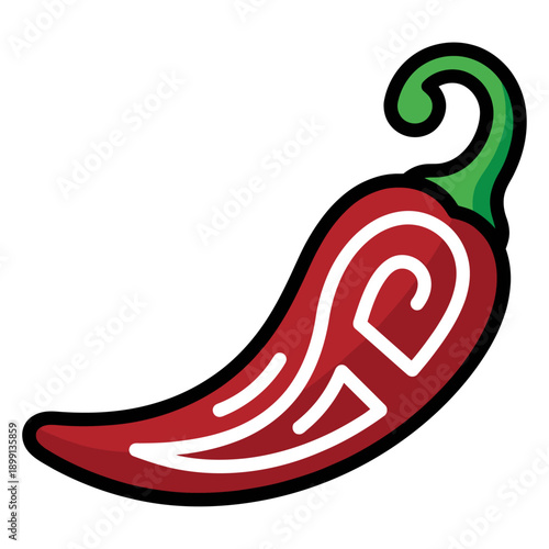 Stylized red chili pepper with swirling white patterns and a green stem presented against a plain backdrop hot spicy food ingredient seasoning cooking mexican cuisine organic