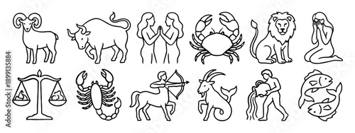 Twelve Zodiac signs depicted as simplified line art icons including a ram bull twins crab lion woman scales scorpion centaur goat fish water bearer and two fish horoscope