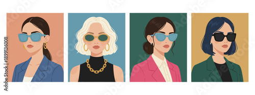 Four diverse women wearing stylish sunglasses and fashionable blazers depicted in a modern flat illustration style with solid color backgrounds female portrait trendy eyewear