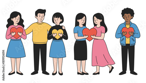 Diverse group of stylized people holding heart symbols representing love connection and community in a friendly illustrated style hearts together friendship red yellow hands
