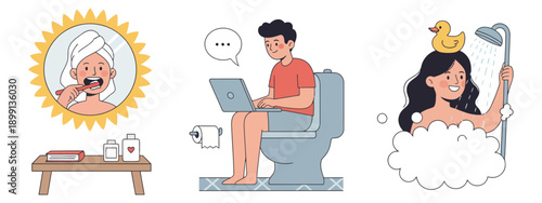 A triptych illustrating daily routines including a woman brushing her teeth a man using a laptop on the toilet and a woman showering with a rubber duck 177 characters bathroom