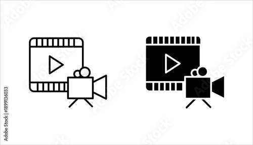 Outline icon showing video playback and camera equipment, representing video production, filming, media creation, streaming, and digital content. Ideal for multimedia, marketing, and creative projects