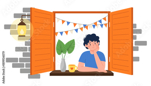 A young person with dark hair rests their chin on their hand while looking out an open window with colorful bunting and a mug of drink resting flags yellow heart plant vase
