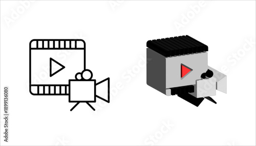 Outline icon showing video playback and camera equipment, representing video production, filming, media creation, streaming, and digital content. Ideal for multimedia, marketing, and creative projects