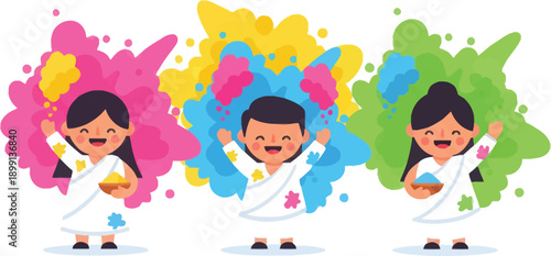 Three happy cartoon children celebrating the festival of colors with joy and vibrant splashes of pink, yellow, and green powder