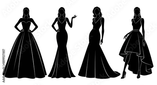 Elegant silhouettes of women in formal gowns.