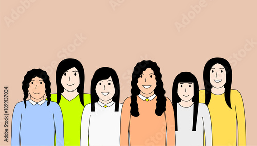 Group of different ethnic girls are standing in a row, all smiling