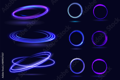 Neon swirl. Curve blue line light effect. Abstract ring background with glowing swirling background. Energy flow tunnel. Blue portal, platform