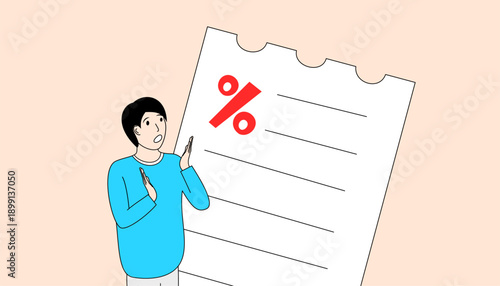 Man is standing in front of a piece of paper with a red discount through it