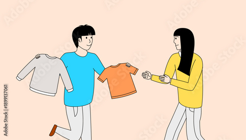 Man and a woman are holding up shirts and exchanging them