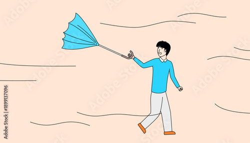 Man is holding a blue umbrella and walking in the wind