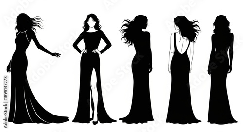 Elegant Women Silhouettes in Evening Gowns.