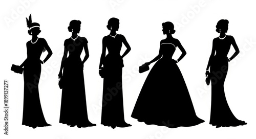 Elegant Women Silhouettes in Evening Gowns.