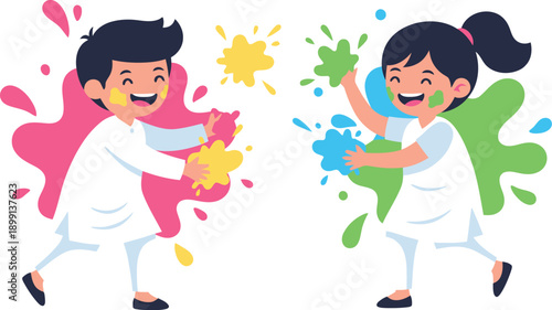 Two joyful children enthusiastically playing and throwing colorful powder during a vibrant festival celebration