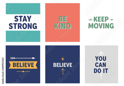 Vibrant graphic design collection of motivational phrases for personal encouragement, featuring diverse inspiring affirmations for well-being and growth.
