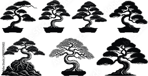 Black bonsai tree silhouettes collection, Japanese style miniature trees, minimalist nature illustrations, hand drawn vector set isolated on white background