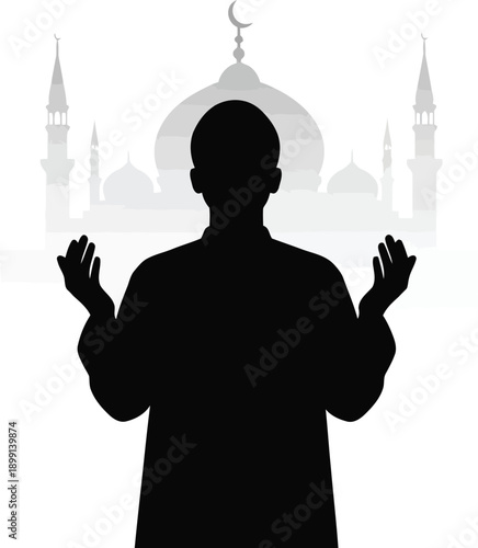 Silhouette of a man praying in front of a mosque with crescent moon.