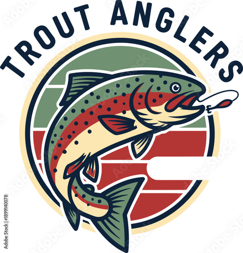 Vintage rainbow trout anglers badge with jumping salmon fish and lure against a retro striped sunset background, outdoor fly fishing and angling sport..
