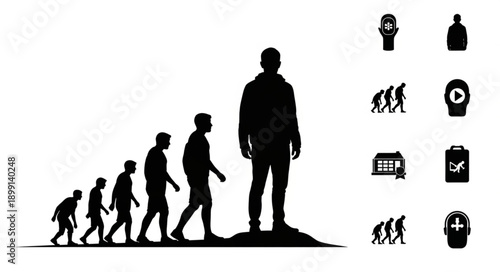 Human evolution progression from ape to modern man silhouette.
