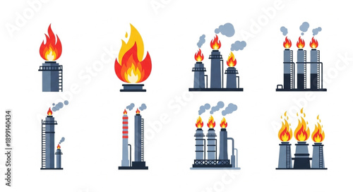 Industrial factory chimneys emitting smoke and flames.