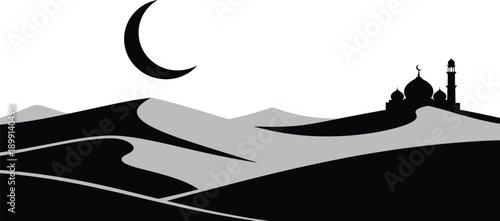 Serene Islamic landscape with mosque silhouette under crescent moon.