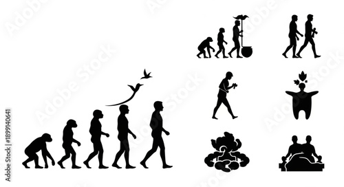 Human Evolution Stages and Modern Life Silhouettes.
