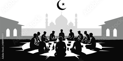 Group of people praying together in a mosque courtyard during Ramadan.